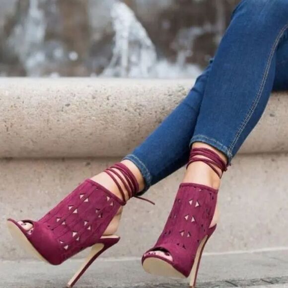 SHOEDAZZLE MAROON 'RACHEL'S LASER-CUT SINGBACK HEELS SANDAL - Picture 1 of 15